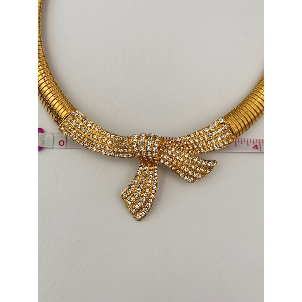 Monet Vintage Gold Tone Omega Pave Rhinestone Bow Collar 80s Statement Necklace - Picture 12 of 13